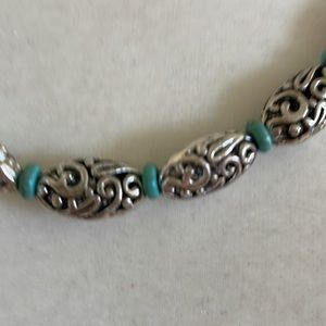 HAND CRAFTED Boho Statement Necklace Silver Plated Ornate Beads Turquoise Beads